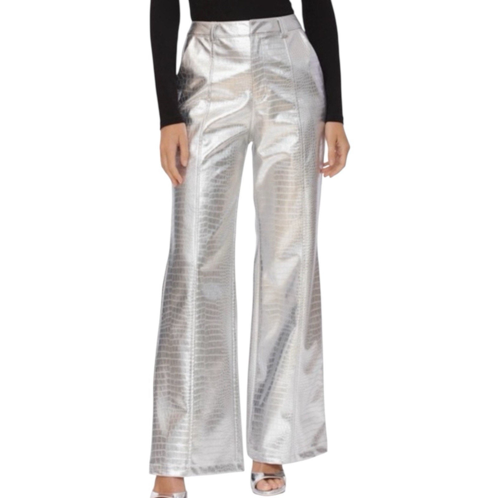Nwt Avec Les Filles Faux Leather Silver Metallic Wide Leg Pants Women’s Size 8